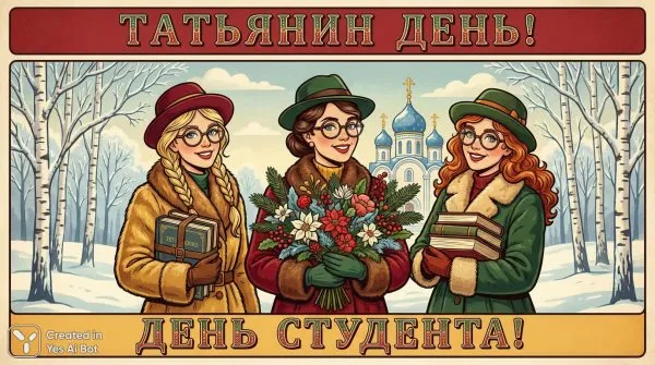 Студенты в русском стиле: Татьяна и День студента под зимним небом. Картинка из нейросети NanoBanana