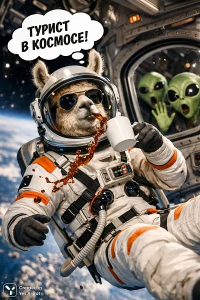 Космическая лама с кофе: неловкий момент межгалактического туризма. Картинка из нейронной сети Sora Ai Images