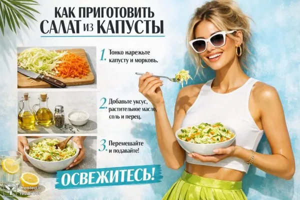 Простой салат из капусты: легкий рецепт для освежающего обеда или ужина без лишних калорий. Картинка из нейронной сети Sora Image