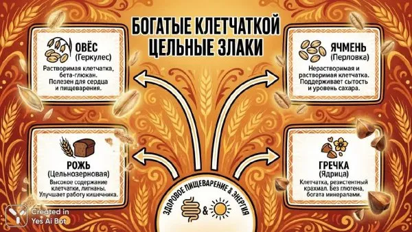 Польза цельнозерновых: яркая инфографика с текстурами и контрастом. Изображение из нейросети Nano Banana