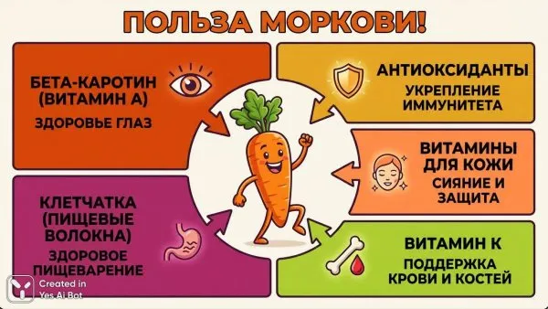 Яркая инфографика о пользе моркови с танцующим персонажем и современным дизайном. Генерация из нейронной сети NanoBanana