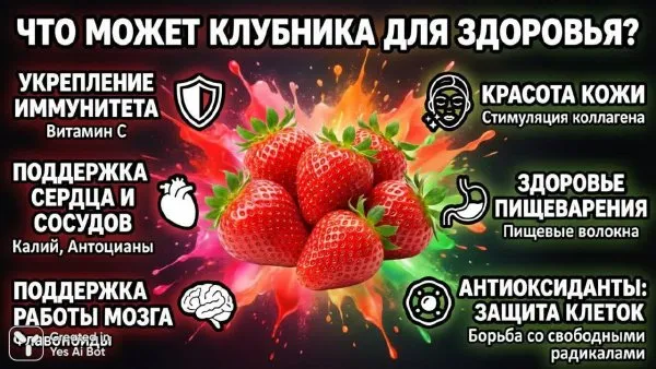 Клубника: польза для здоровья в ярком инфографическом стиле. Изображение из нейросети Nano Banana