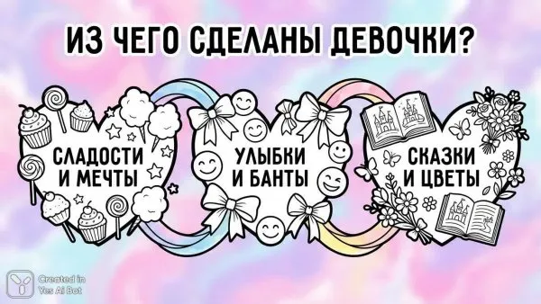 Девочка из сладостей и ленточек: очаровательная инфографика в пастельных тонах. Генерация из нейросети Nano-Banana