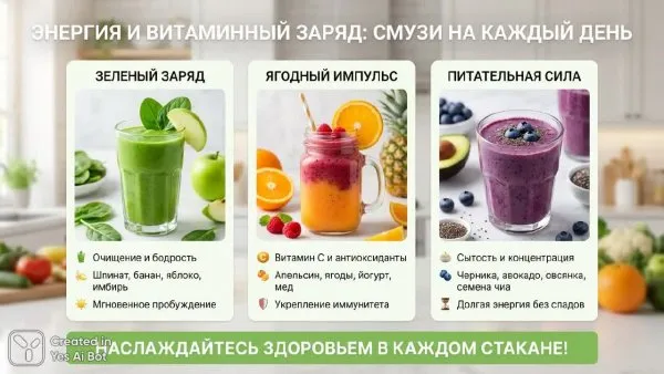 Яркий заряд бодрости: полезные смузи для ежедневной энергии. Картинка из нейросети NanoBanana