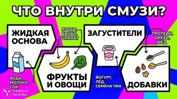 Сочные смузи: рецепты и секреты приготовления в ярком дизайне. Картинка из нейросети Nano Banana
