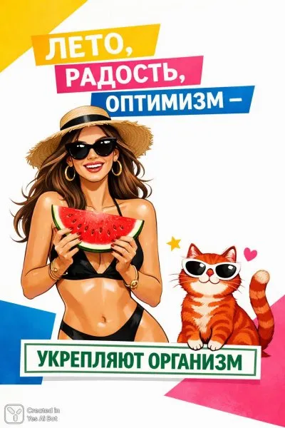 Летнее настроение: арбуз, котик и заряд позитива для здоровья. Изображение из нейронной сети Sora Ai Images