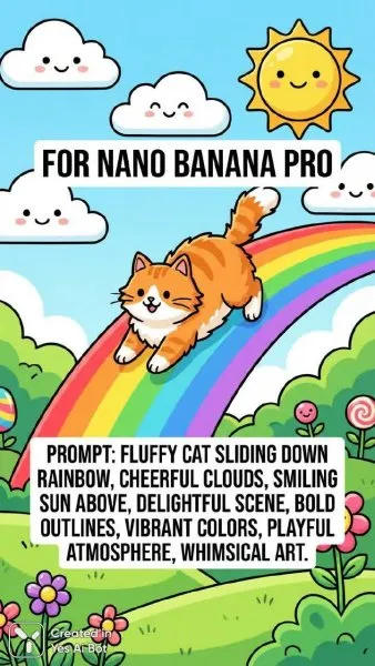 Радужный спуск кота: волшебная иллюстрация для Nano Banana Pro. Нейросеть NanoBanana