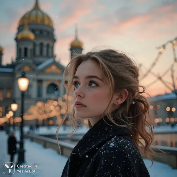 Размышления на фоне архитектурной красоты и зимнего вечера в городе. Изображение из нейросети Flux