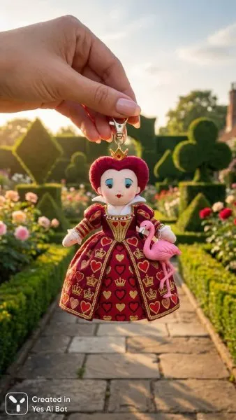 Королева Червей в саду карт: очаровательный аксессуар с фламинго. Изображение из нейронной сети Nano-Banana