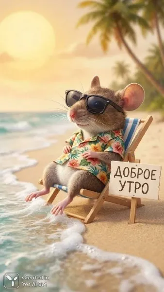 Мышонок на пляже: тропический отдых в солнечных лучах. Нейросеть Nano Banana