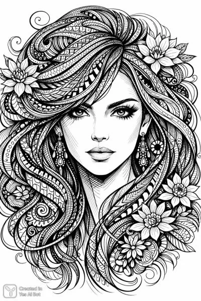 Изысканный женский портрет в технике Zentangle с цветочными узорами и замысловатыми линиями. Изображение из нейронной сети Sora