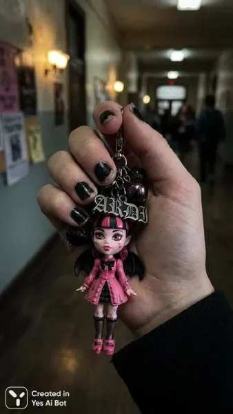 Рука держит Draculaura: жуткие детали и школьный коридор в фокусе. Изображение из нейронной сети Nano Banana