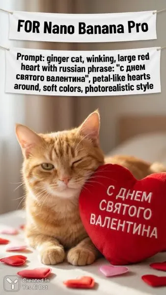 Очаровательный рыжий кот на День Святого Валентина. Изображение из нейросети NanoBanana
