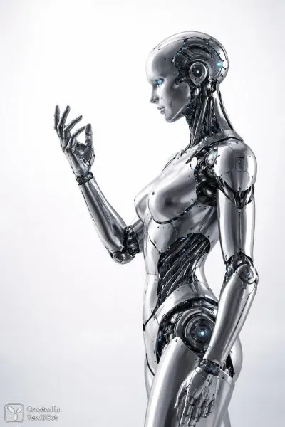 Серебряный андроид будущего в стиле киберпанк: элегантность хрома и минимализм. Картинка из нейросети Sora Image
