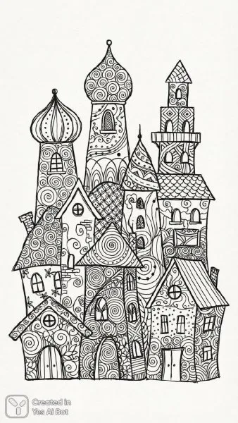 Уютные дома в стиле Zentangle: творческий черно-белый эскиз для раскрашивания и вдохновения. Картинка из нейросети Nano Banana