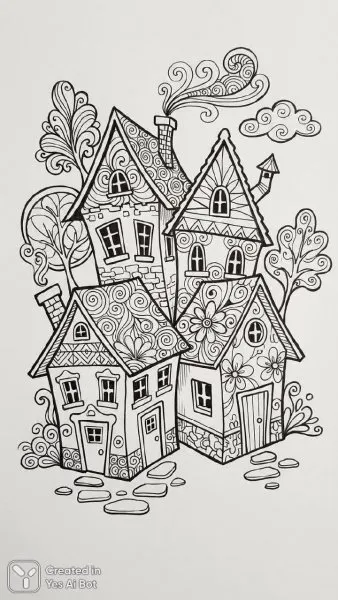 Дома в стиле Zentangle: детализированные фасады и игривые мотивы черной ручкой. Генерация из нейронной сети NanoBanana