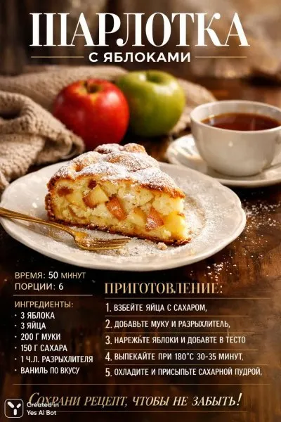 Ароматная шарлотка с яблоками: простой и быстрый рецепт домашнего десерта для всей семьи. Изображение из нейросети Sora