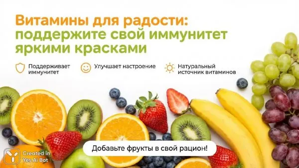 Фруктовая радуга: Витамины для крепкого иммунитета и отличного настроения. Картинка из нейронной сети NanoBanana