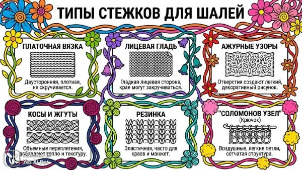 Вязание шали: виды петель и узоры с цветами. Генерация из нейронной сети Nano Banana