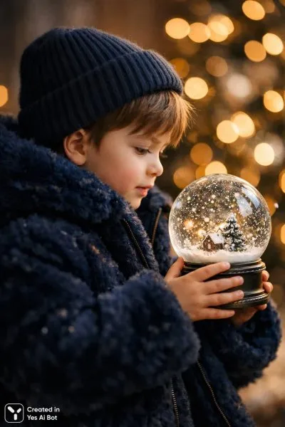 Зимнее волшебство: маленький мальчик и снежный шар в мягком свете bokeh. Генерация из нейронной сети Sora Images