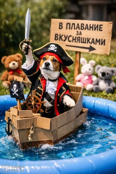Собака-пират покоряет картонный корабль: фотореалистичный мем в ярких тонах. Генерация из нейросети Sora Image