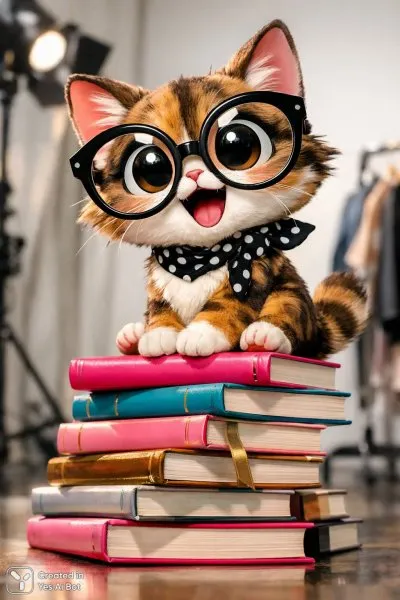 Забавный кот в очках читает книжный мир ярких красок и позитива. Картинка из нейросети Sora images Ai