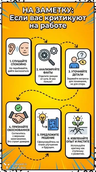 Как реагировать на критику: пошаговая инфографика для работы. Картинка из нейронной сети NanoBanana