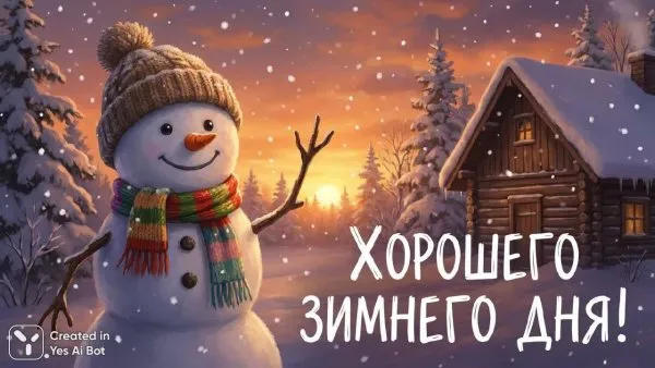 Зимнее настроение и уютный снежный друг на фоне заката. Картинка из нейронной сети Nano-Banana