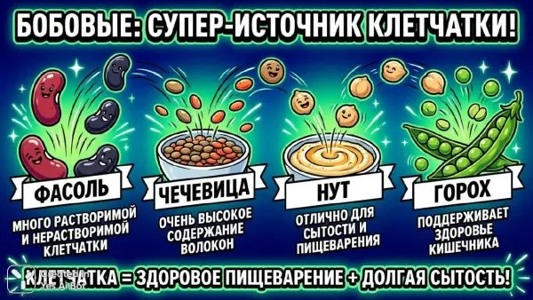 Яркий инфографик о клетчатке в бобовых: веселые анимации и современный дизайн. Генерация из нейронной сети Нано Банана