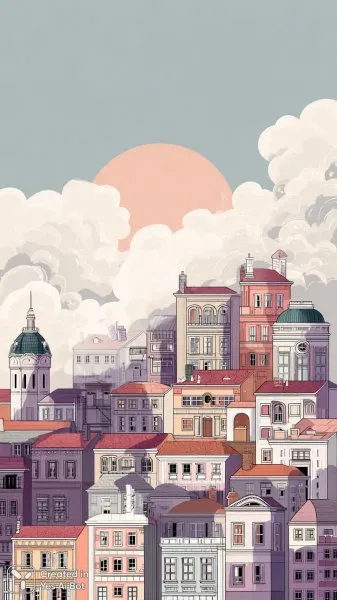 Нежная пастельная иллюстрация очаровательного города с яркими деталями. Нейронная сеть Миджорни