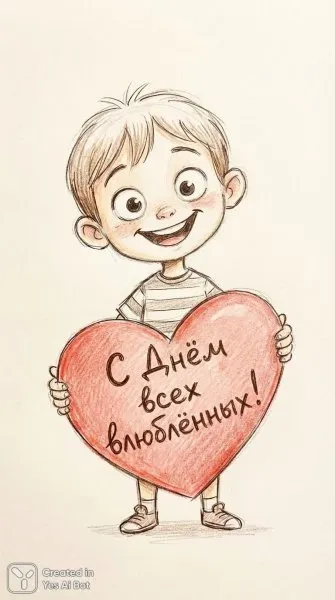 Детский рисунок с любовью и поздравлением на день всех влюблённых. Нейросеть NanoBanana