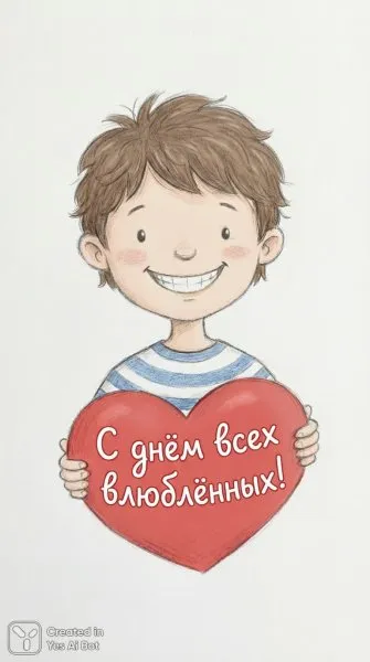 Мальчик с большим сердцем и поздравлением ко Дню всех влюблённых. Генерация из нейросети Нано Банана