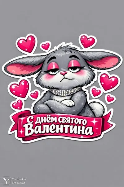 Зайка-валентинка: милый стикер ко дню всех влюбленных с розовыми сердечками и забавным выражением лица. Нейросеть Sora Image