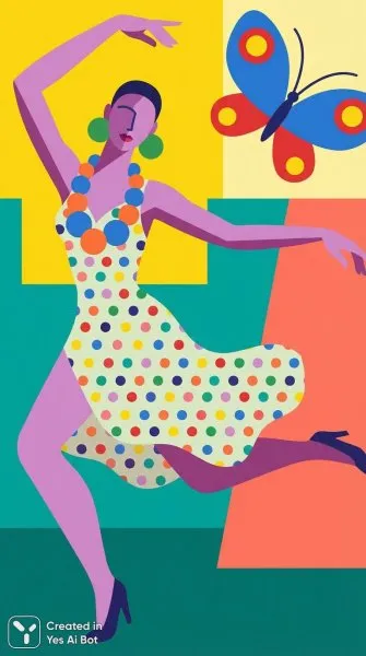 Танцующая женщина в фиолетовом и ярком платье. Генерация из нейронной сети NanoBanana