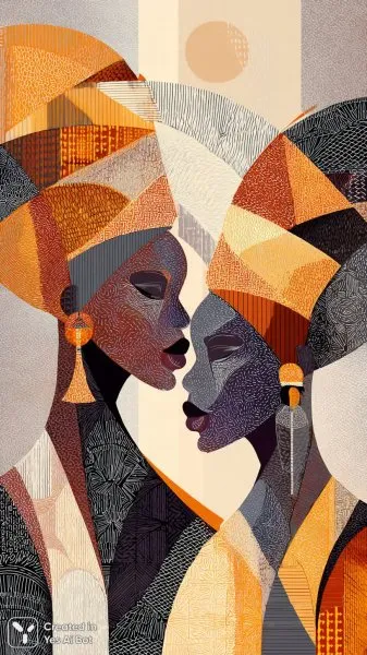 Африканские женщины в ярких геометрических головных уборах — стильный векторный арт. Генерация из нейросети Миджорни