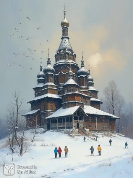 Зимняя сказка на Кижи: деревянная церковь в снежном плену. Изображение из нейронной сети Flux Ai