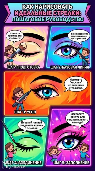 Секреты макияжа глаз: пошаговое руководство с инфографикой и яркими деталями. Изображение из нейросети NanoBanana