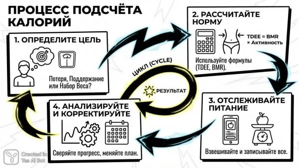 Подсчет калорий: пошаговая инструкция в яркой инфографике. Картинка из нейронной сети Nano Banana