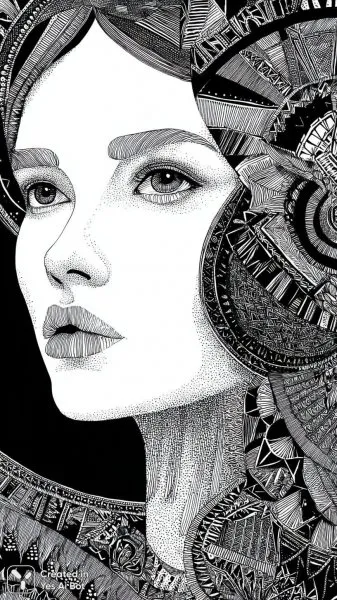 Мистическая женщина в стиле Zentangle: Раскраска для взрослых. Картинка из нейронной сети Midjourney
