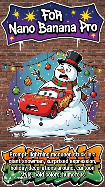 Яркий баннер в стиле граффити: Nano Banana Pro и Lightning McQueen в снегу. Картинка из нейросети Nano-Banana