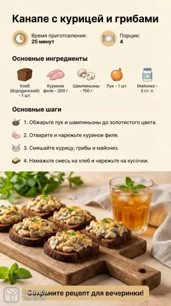 Простые канапе с курицей и грибами: быстрый рецепт для праздничного стола. Генерация из нейросети Нано Банана