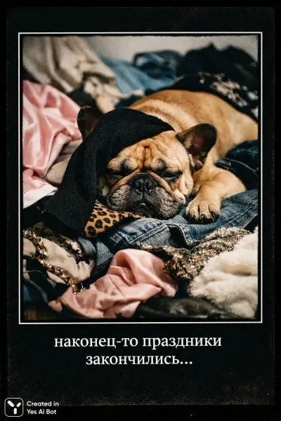 Унылый пес и гора белья: конец праздничной сказки. Нейросеть Sora Image