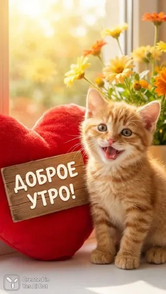 Рыжий котенок и сердце – солнечное начало дня. Генерация из нейронной сети Nano-Banana
