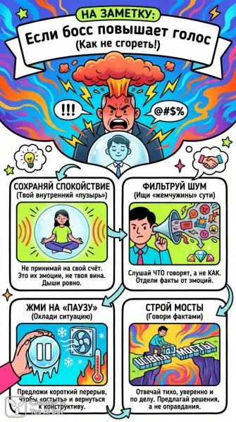 Как справиться с криком начальника: инфографика с полезными советами и ярким дизайном. Изображение из нейронной сети Нано Банана