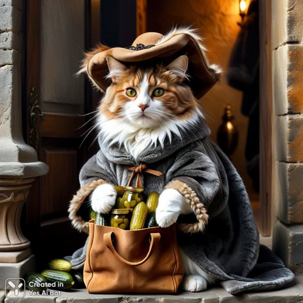 Загадочная кошка с полными сумкой и банкой огурцов. Генерация из нейронной сети Stable Diffusion