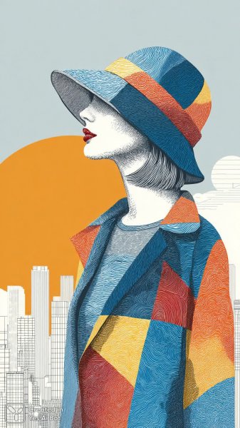 Яркий город и женщина в шляпе из геометрических форм. Нейронная сеть Midjourney
