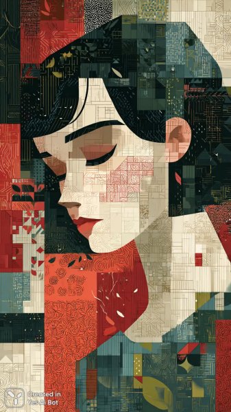 Мозаичный портрет в стиле дада и баухаус: яркие краски и сюрреалистичные узоры. Изображение из нейронной сети Миджорни