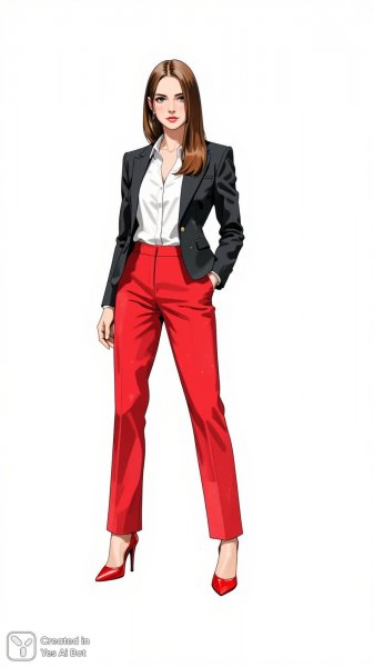 Элегантный образ: деловой блейзер и яркие брюки в модной иллюстрации. Изображение из нейронной сети Flux