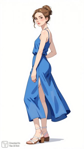 Изящный силуэт в небесно-голубом макси с разрезом и сандалиях. Картинка из нейронной сети Flux 1