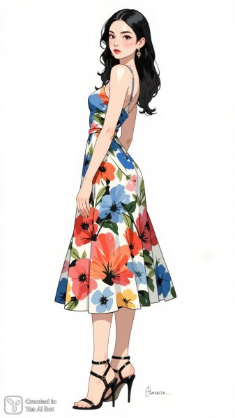 Женщина в цветочном платье: летний стиль и элегантность. Картинка из нейросети Flux.1